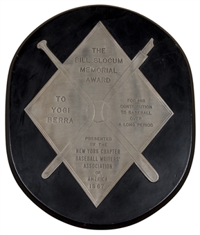 1967 Bill Slocum Award Presented To Yogi Berra By The New York Chapter Of The Baseball Writers Of America (Berra LOA)